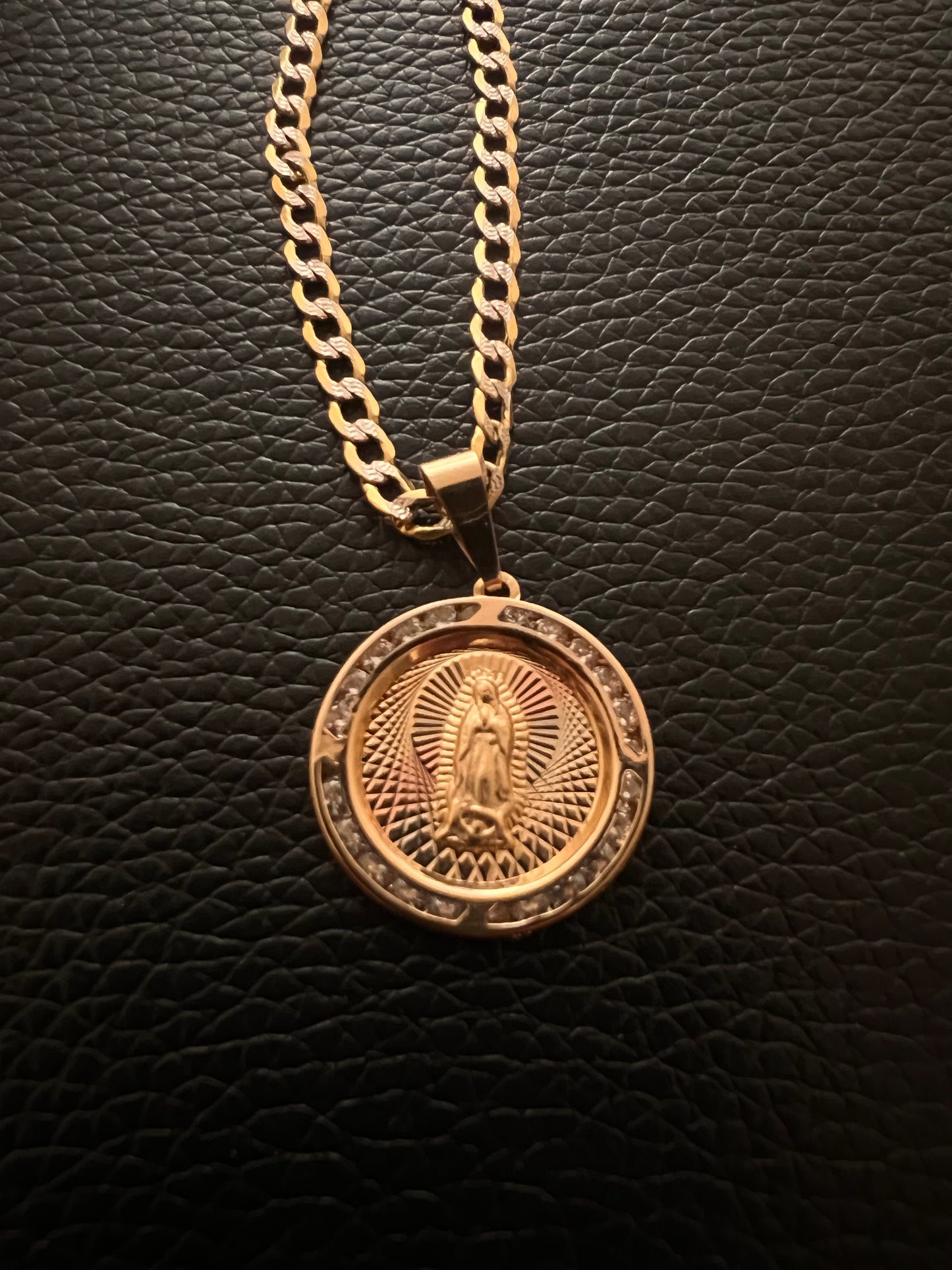 14k real gold Virgencita Set w diamond cut cuban chain