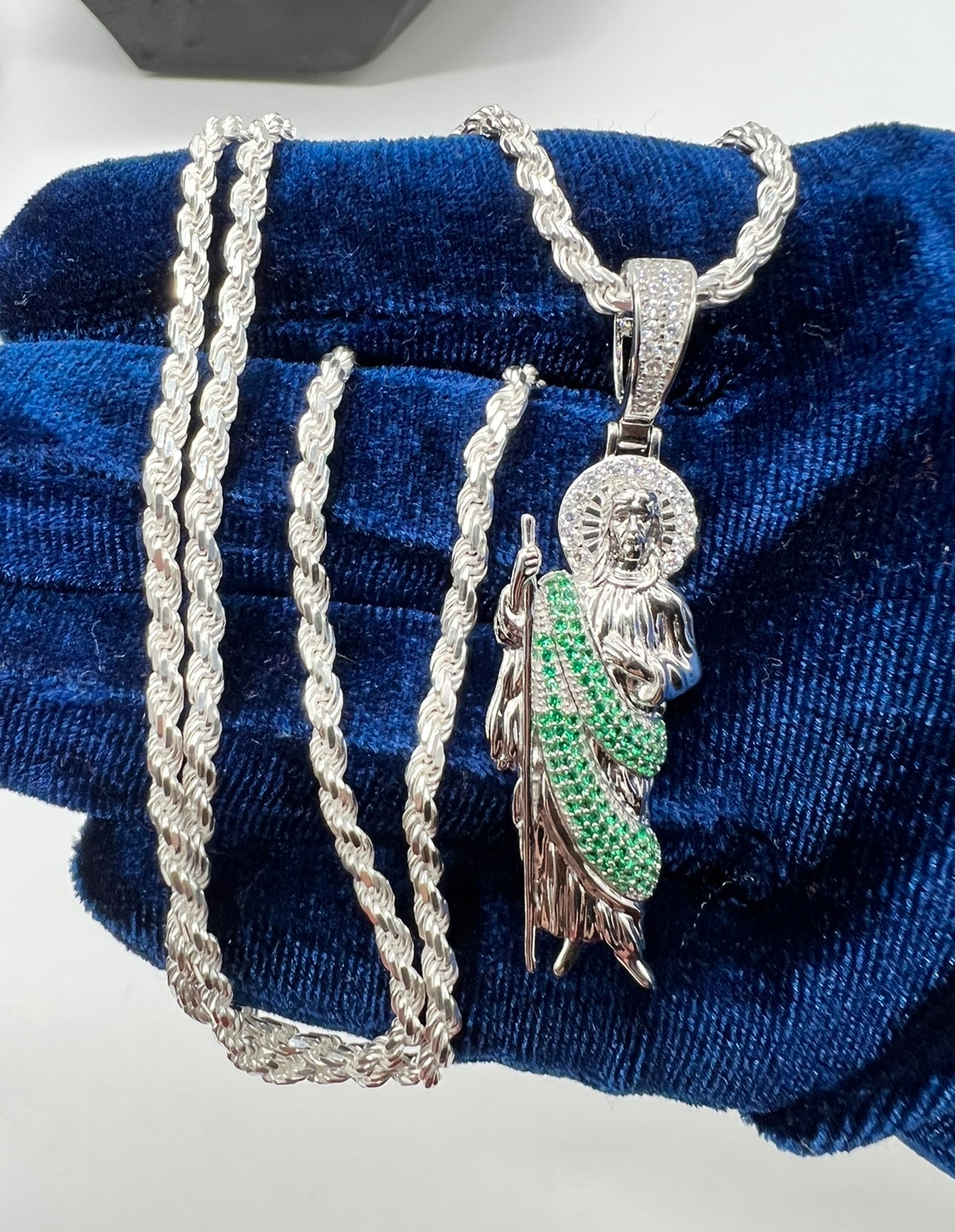 San Judas Green Robe .925 Real Silver Smaller Size