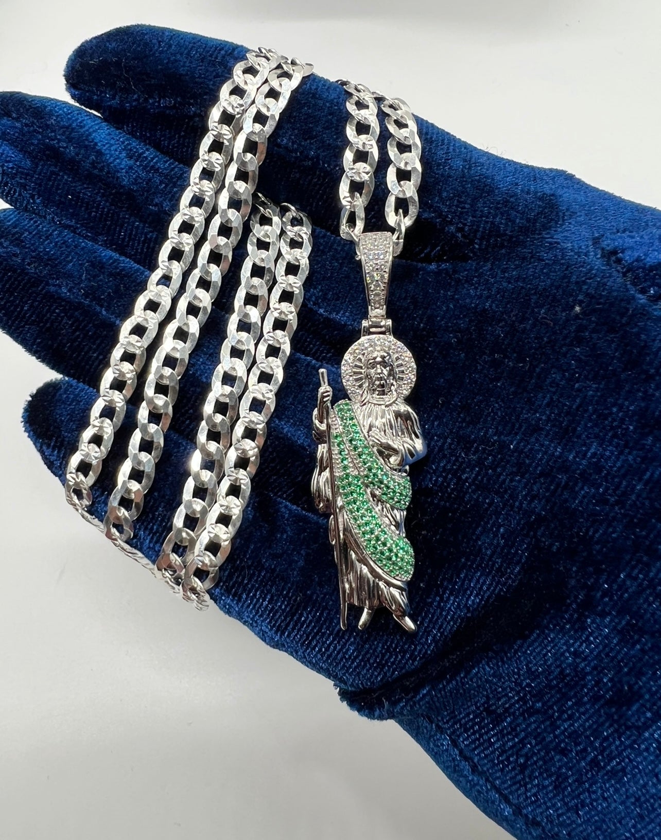 San Judas Green Robe .925 Real Silver Smaller Size