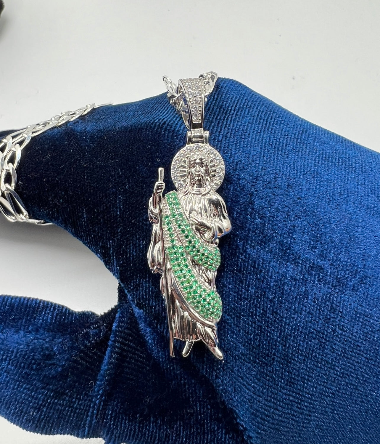 San Judas Green Robe .925 Real Silver Smaller Size