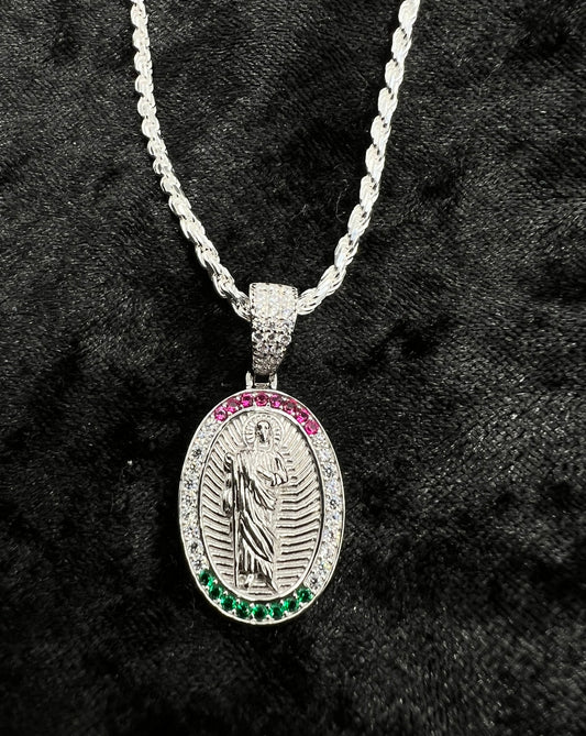 San Judas Medalla Mexican Flag Bezel .925 Real Silver