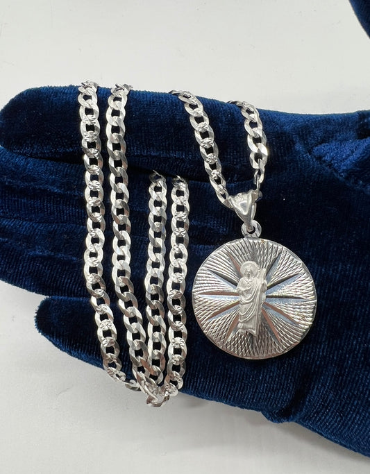 Double sided Medalla San Judas/Virgen Mary .925 Real Silver Medium Size