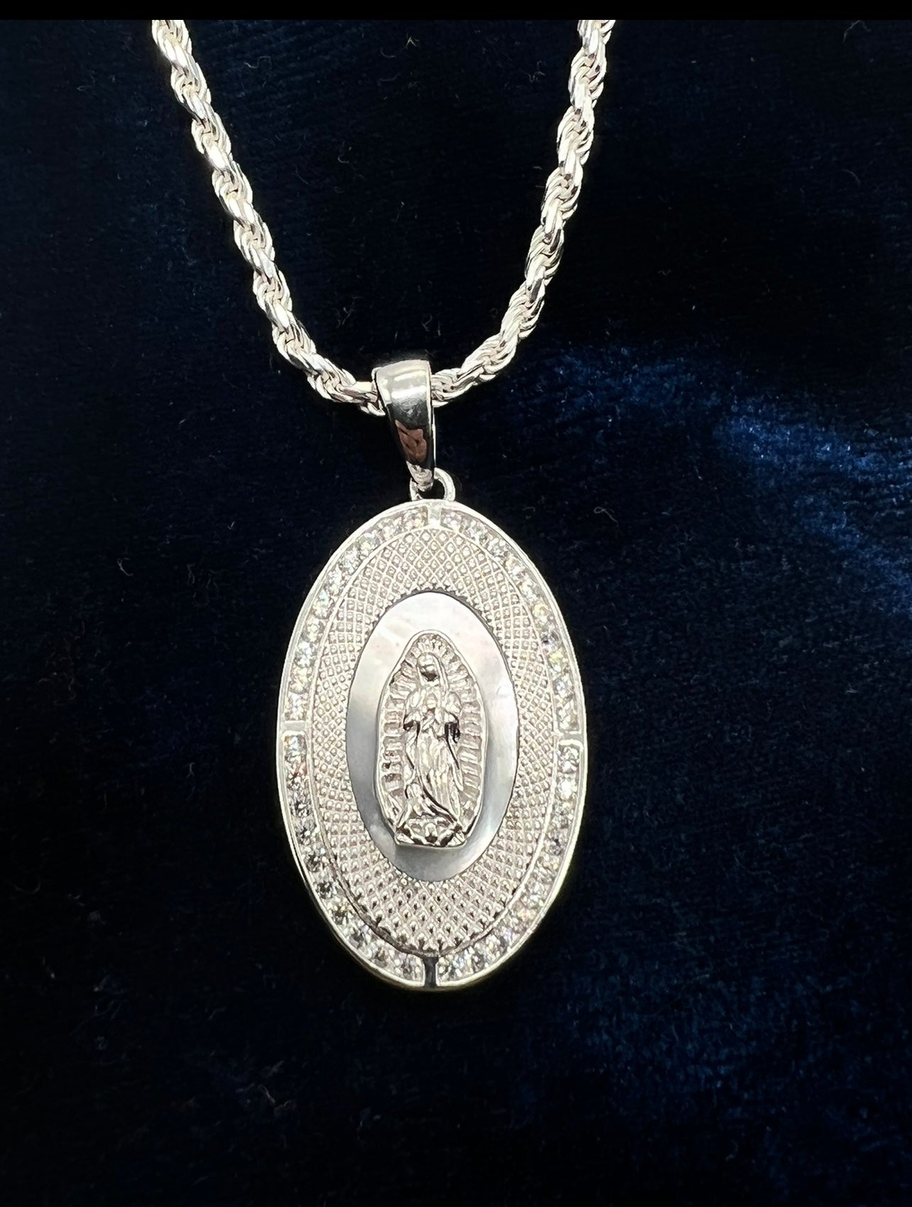 Oval Virgen Mary with Mother of Pearl In background .925 Real Silver