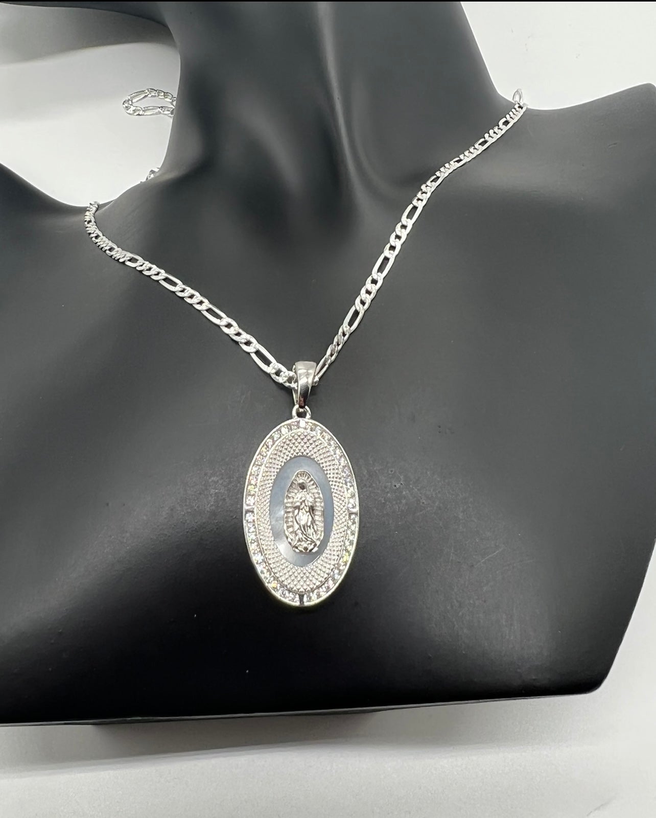 Oval Virgen Mary with Mother of Pearl In background .925 Real Silver