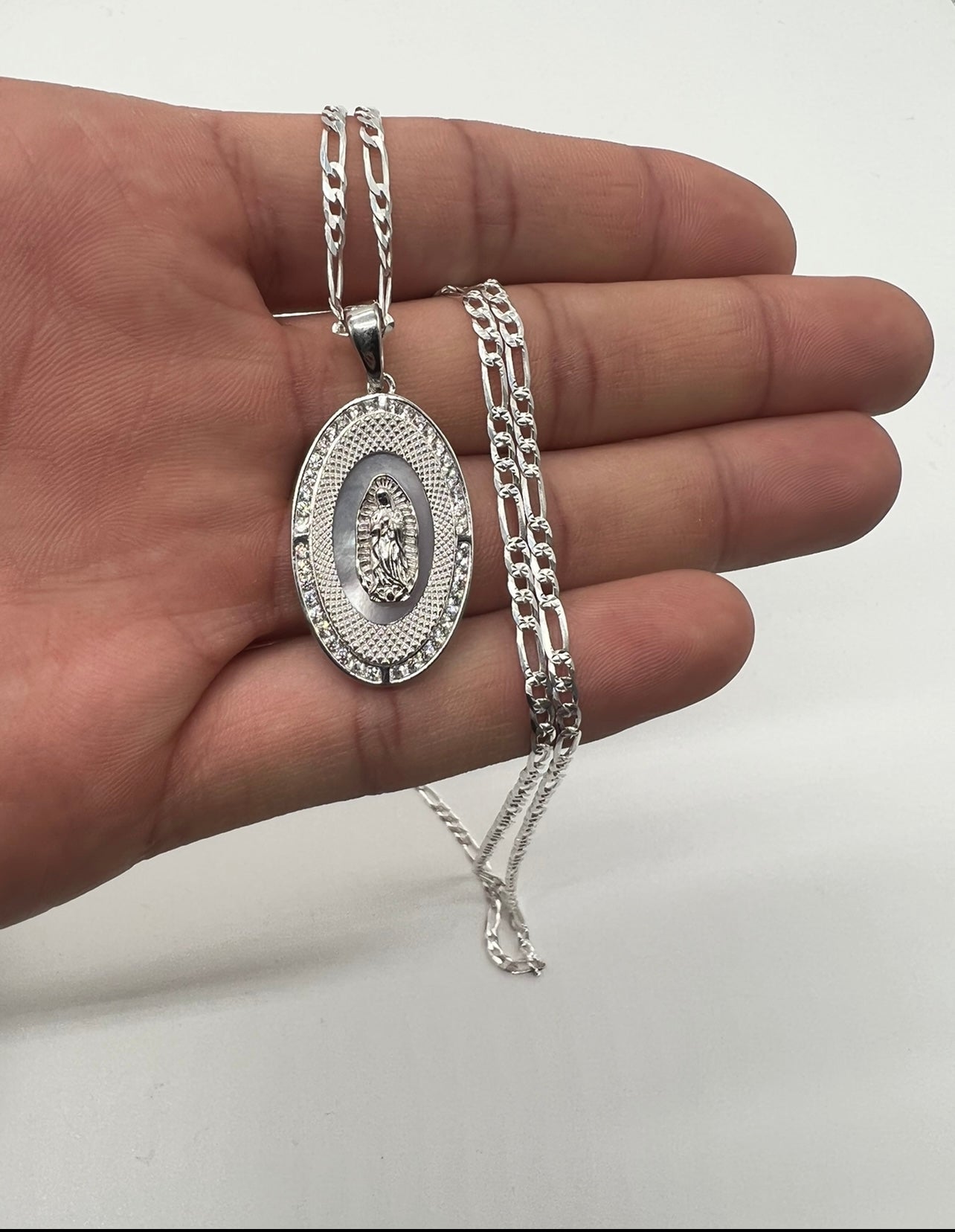 Oval Virgen Mary with Mother of Pearl In background .925 Real Silver