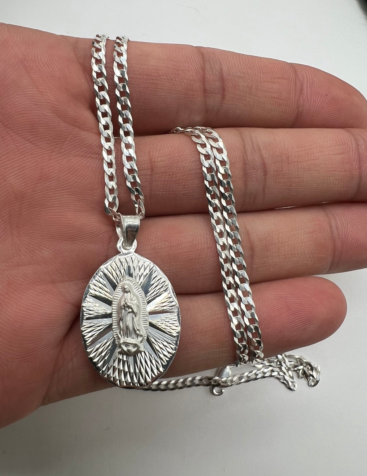 Oval Double Sided Virgen Mary/Sagrado Corazon .925 Real Silver