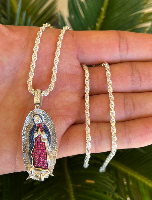 Blue Saphire and Ruby Virgencita, Real .925 Silver
