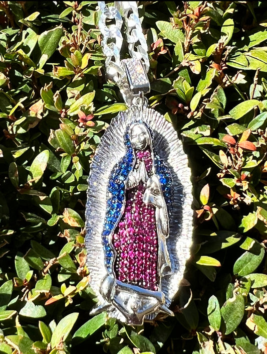 Blue Saphire and Ruby Virgencita, Real .925 Silver