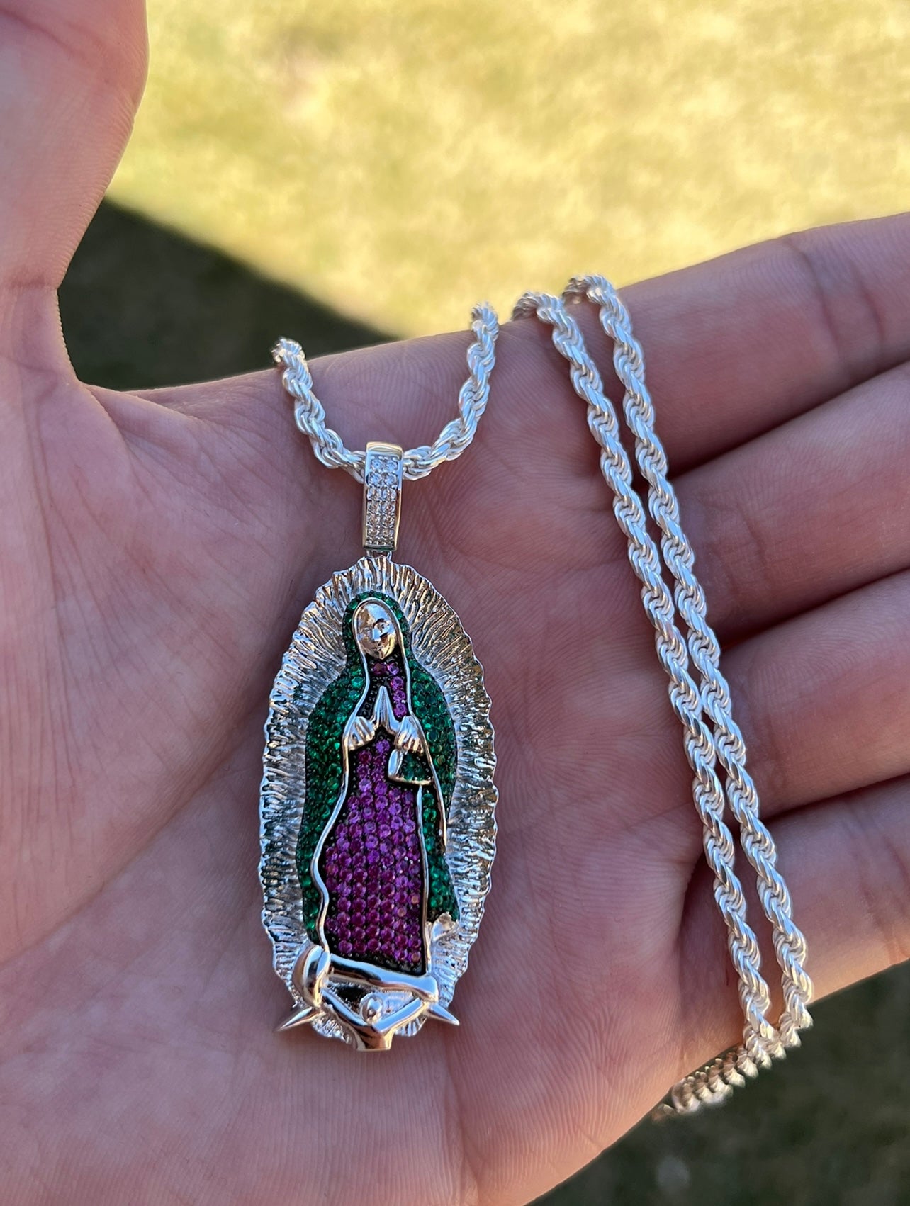 Emerald Green And Ruby Virgencita .925 Real Silver