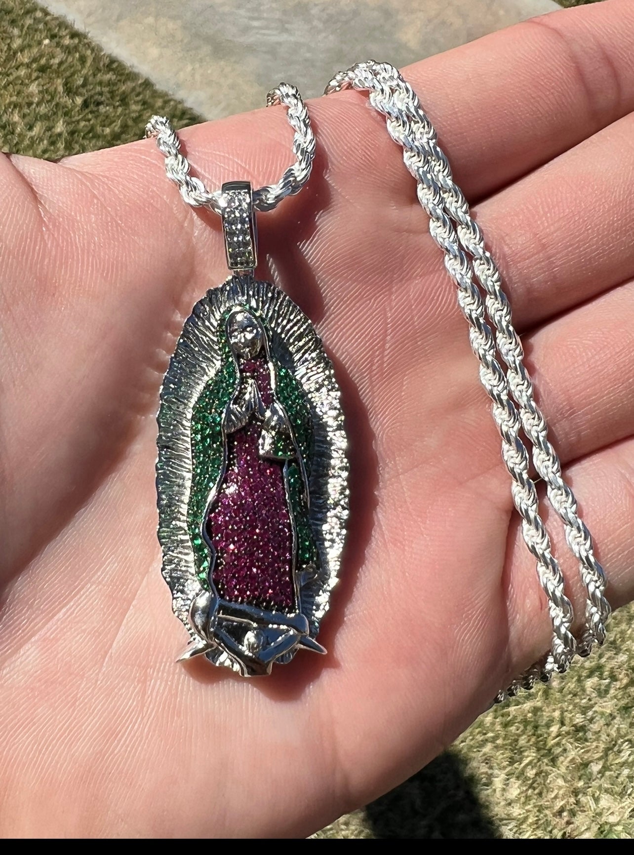 Emerald Green And Ruby Virgencita .925 Real Silver