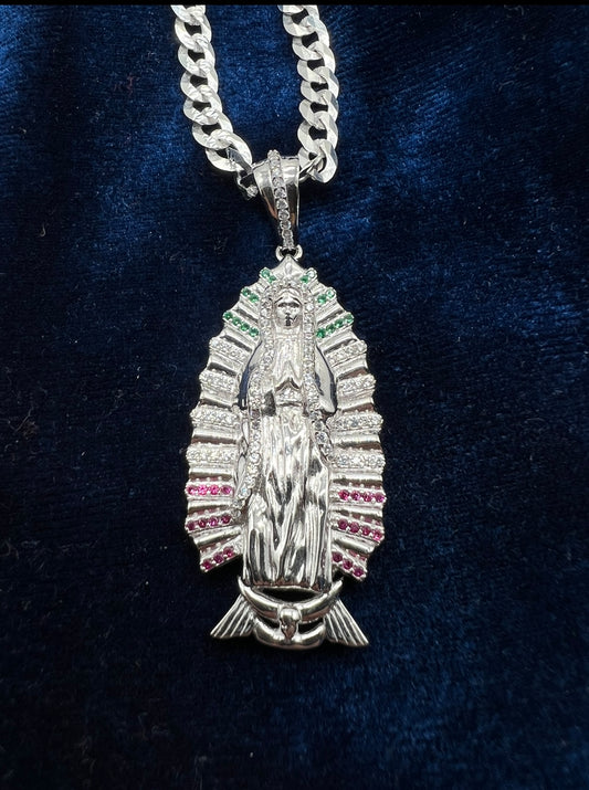 Virgencita Mex Flag Colors in Crown .925 Real Silver