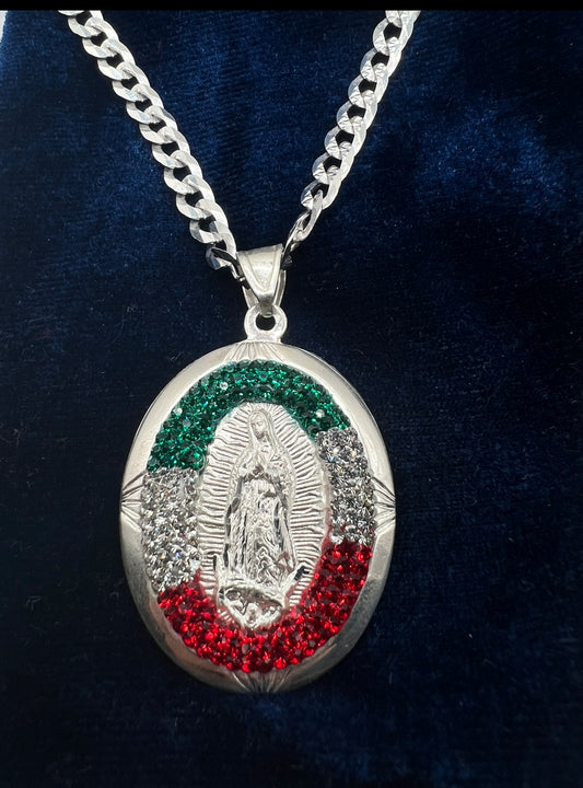 Mex Flag Virgencita Medalla .925 Real Silver