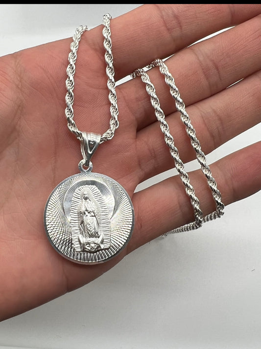 Double Sided Medalla Virgen Mary/Sagrado Corazon Medium, .925 Real Silver