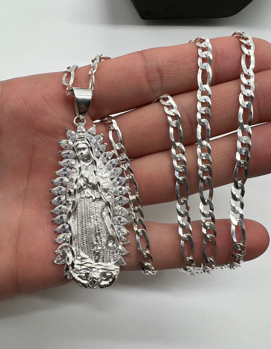 Virgencita 3D Large w White Crown, .925 Real Silver