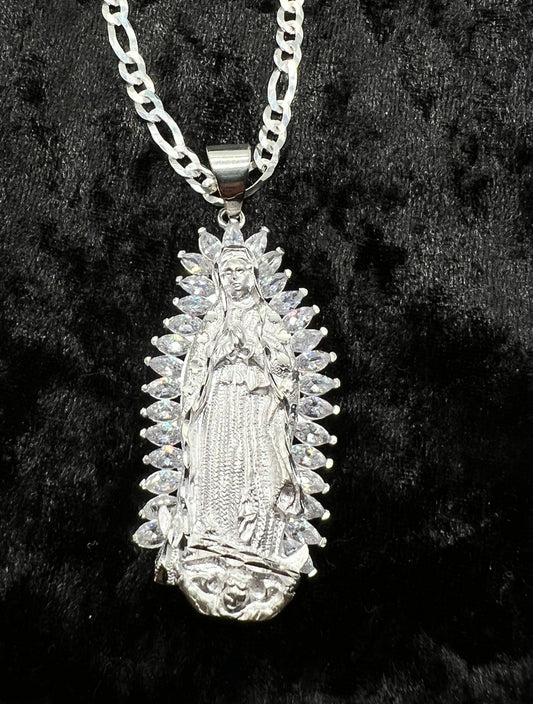 Virgencita 3D Large w White Crown, .925 Real Silver