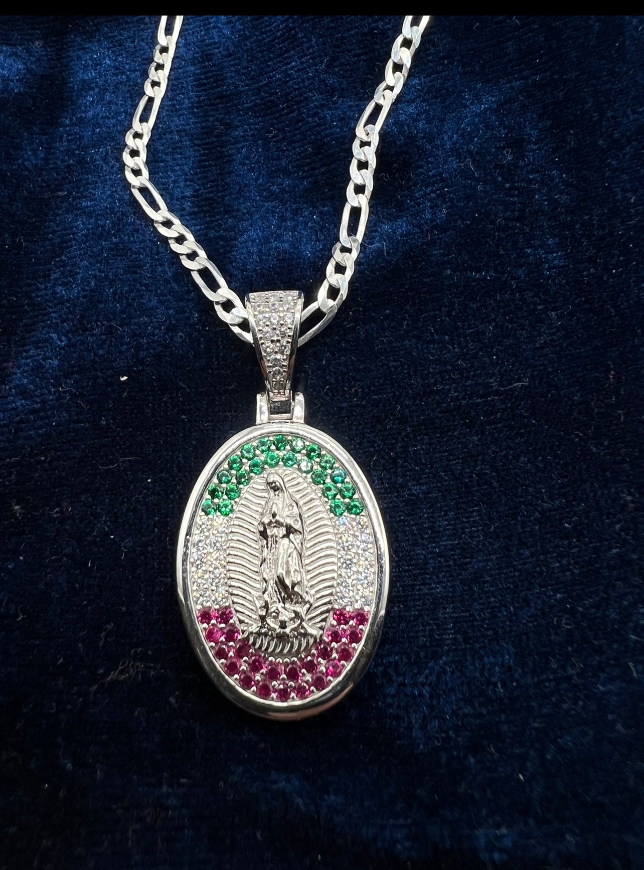 Virgen Mary Medalla Mex Flag Bezel, .925 Real Silver