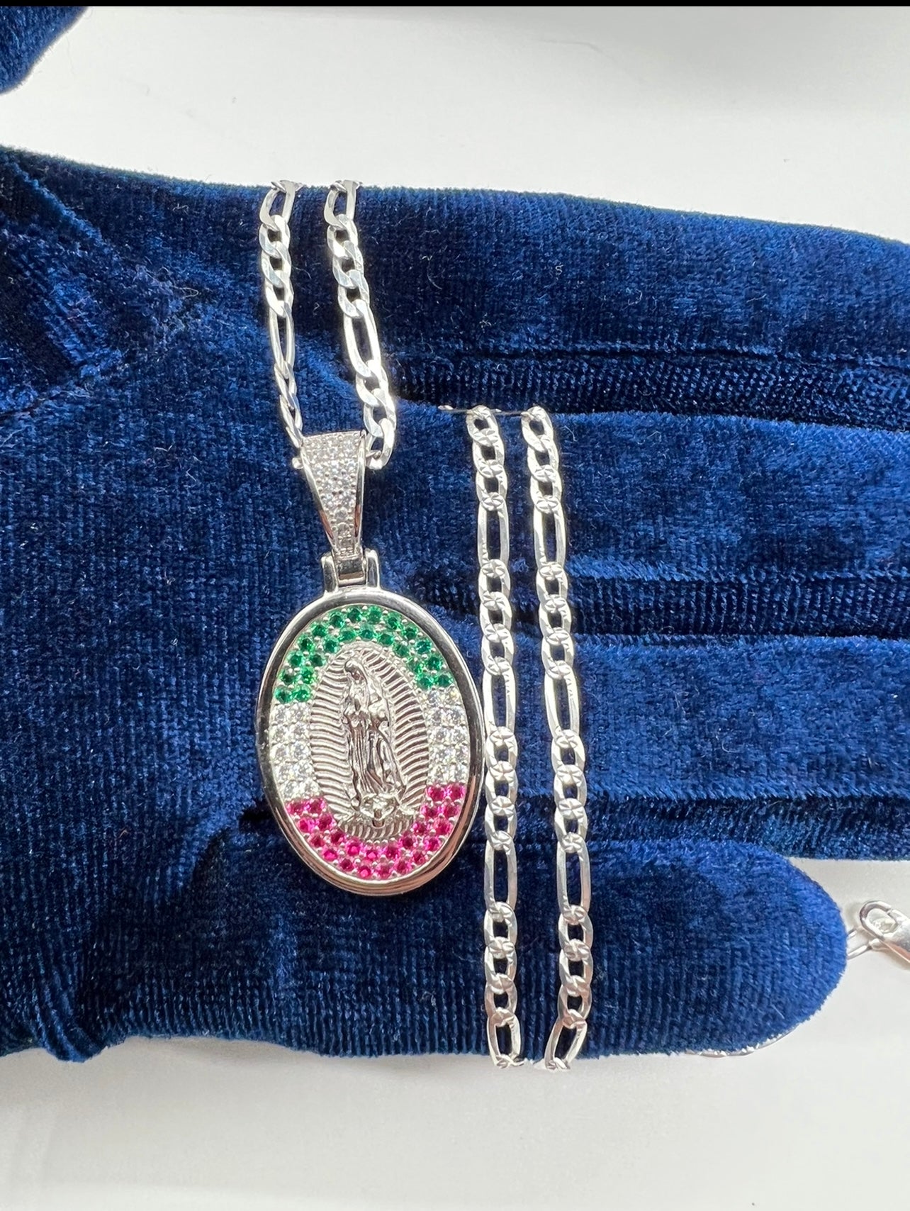 Virgen Mary Medalla Mex Flag Bezel, .925 Real Silver