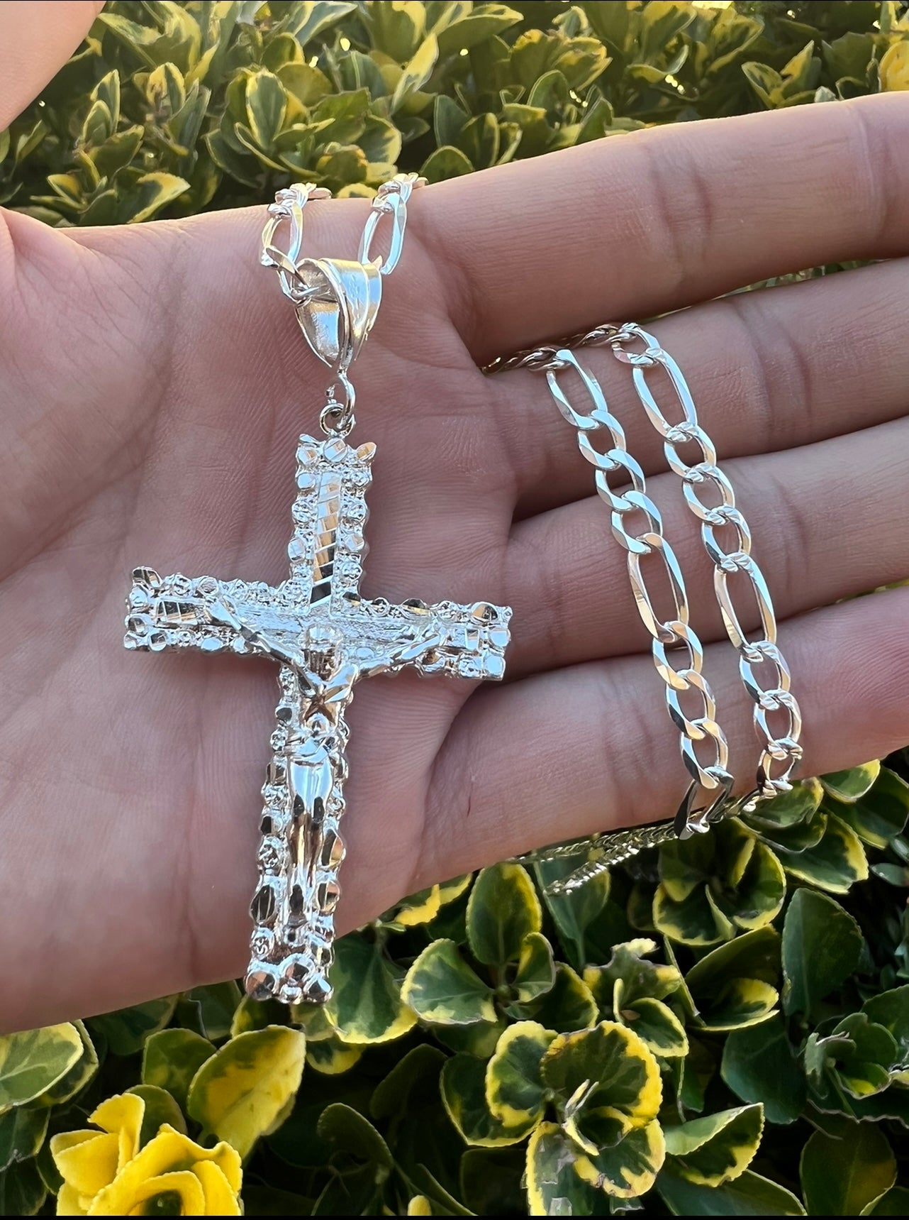 Nugget Cross w Jesus, .925 Real Silver