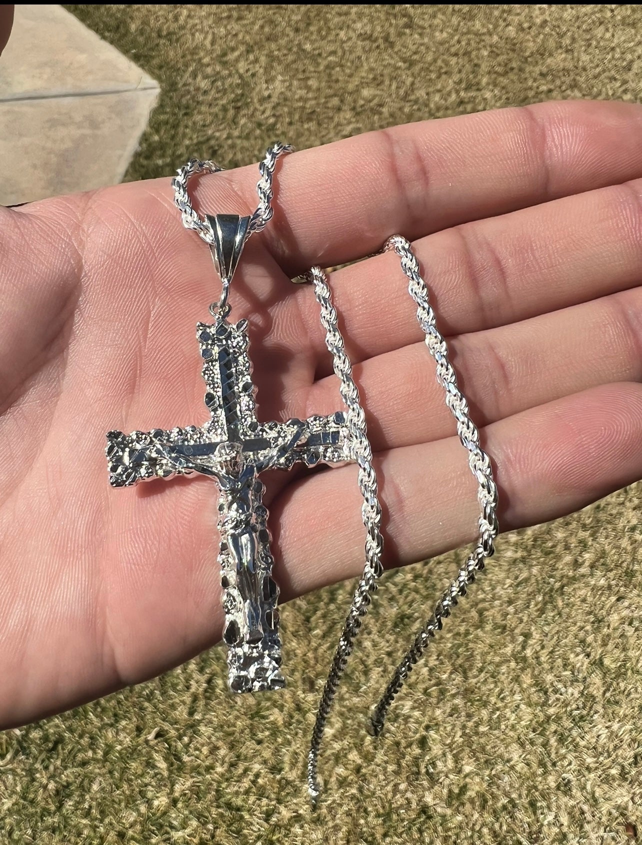 Nugget Cross w Jesus, .925 Real Silver