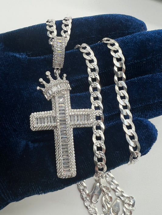 Baguette Crown Cross, .925 Real Silver