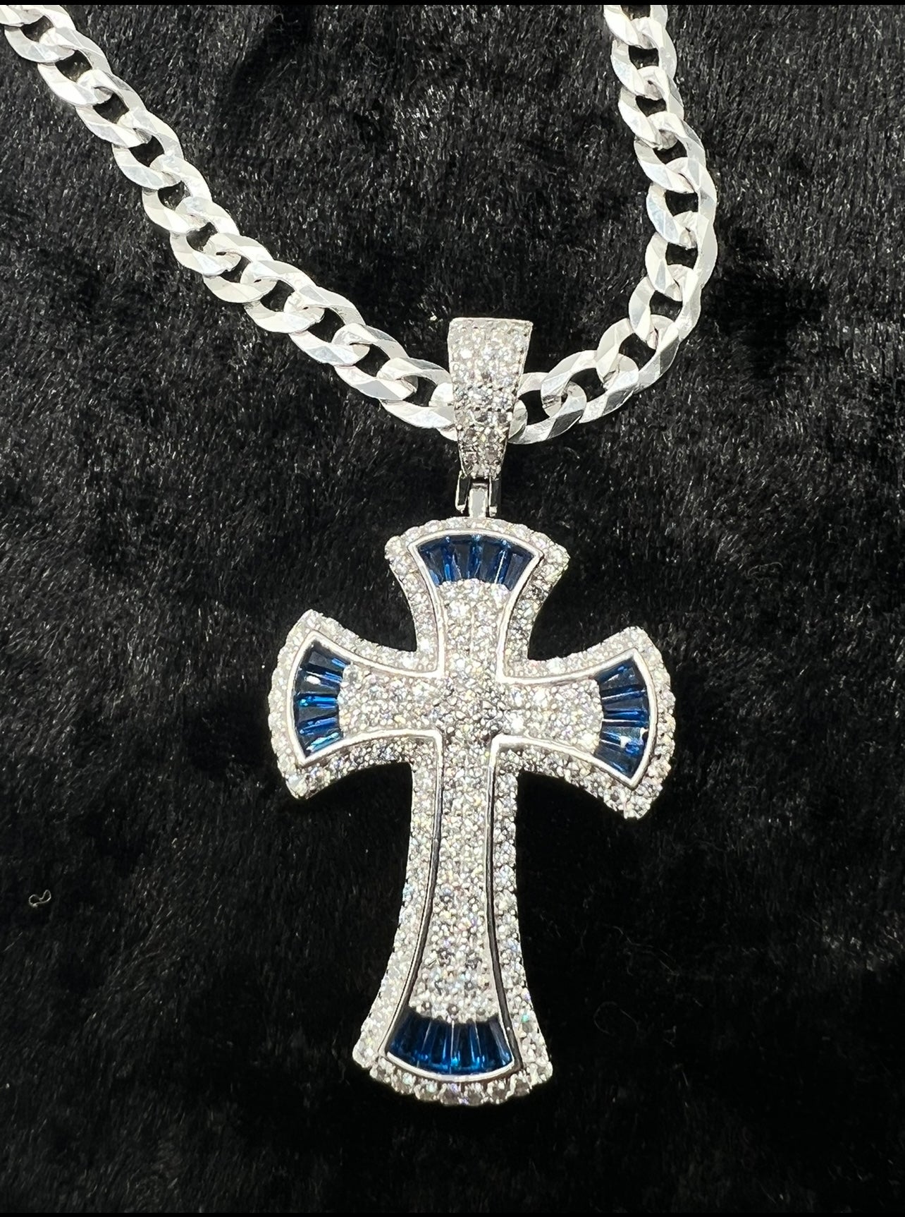 Royal Blue Baguette Cross, .925 Real Silver