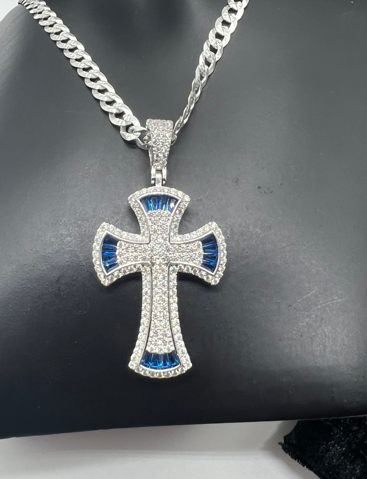 Royal Blue Baguette Cross, .925 Real Silver