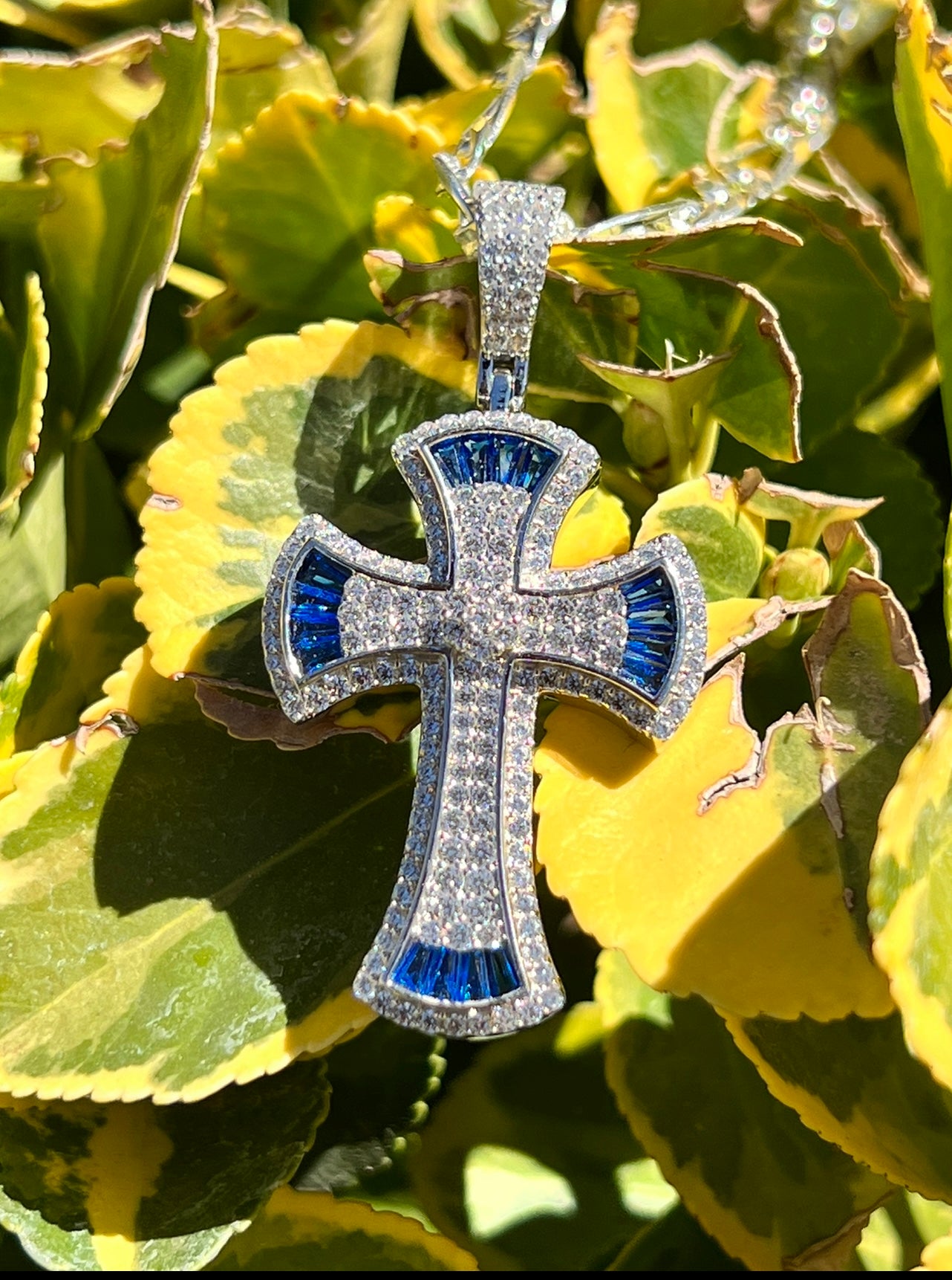 Royal Blue Baguette Cross, .925 Real Silver