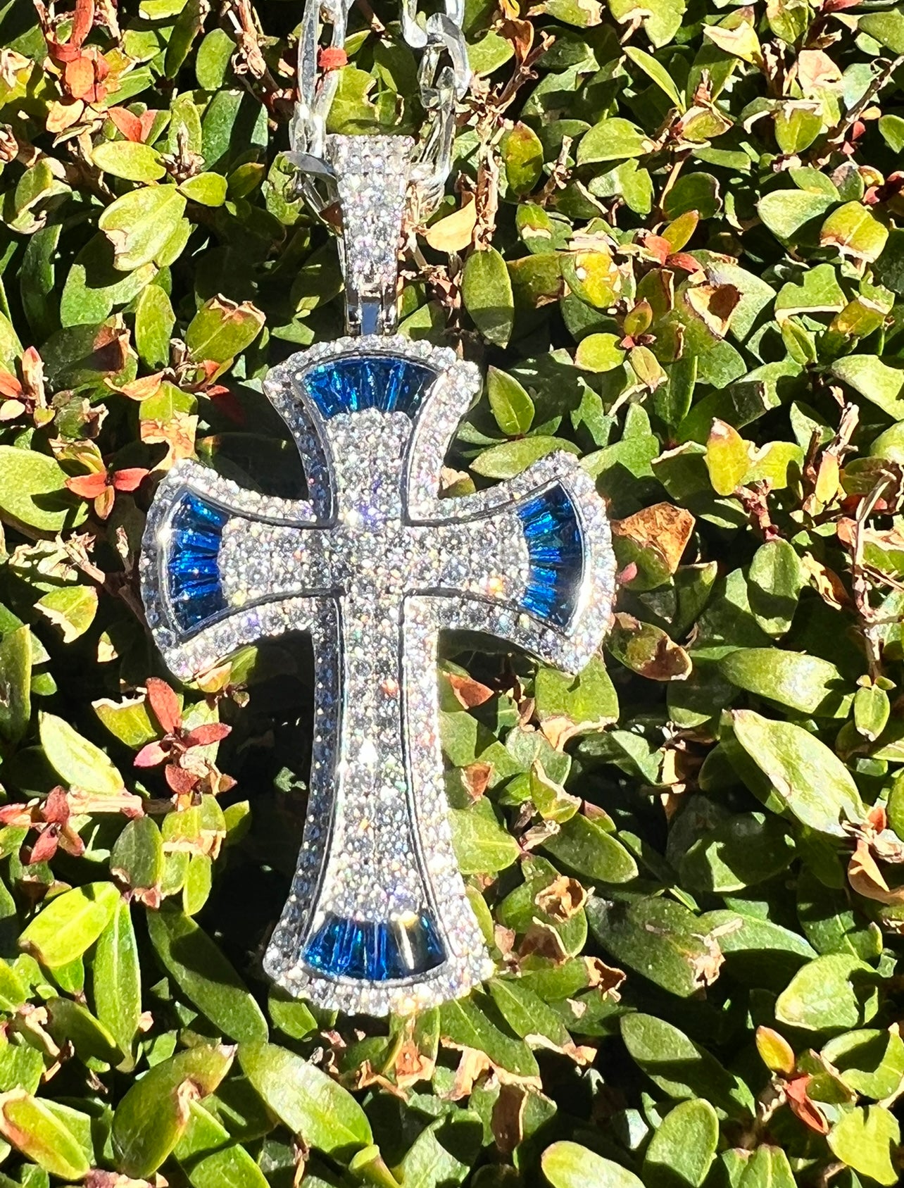 Royal Blue Baguette Cross, .925 Real Silver