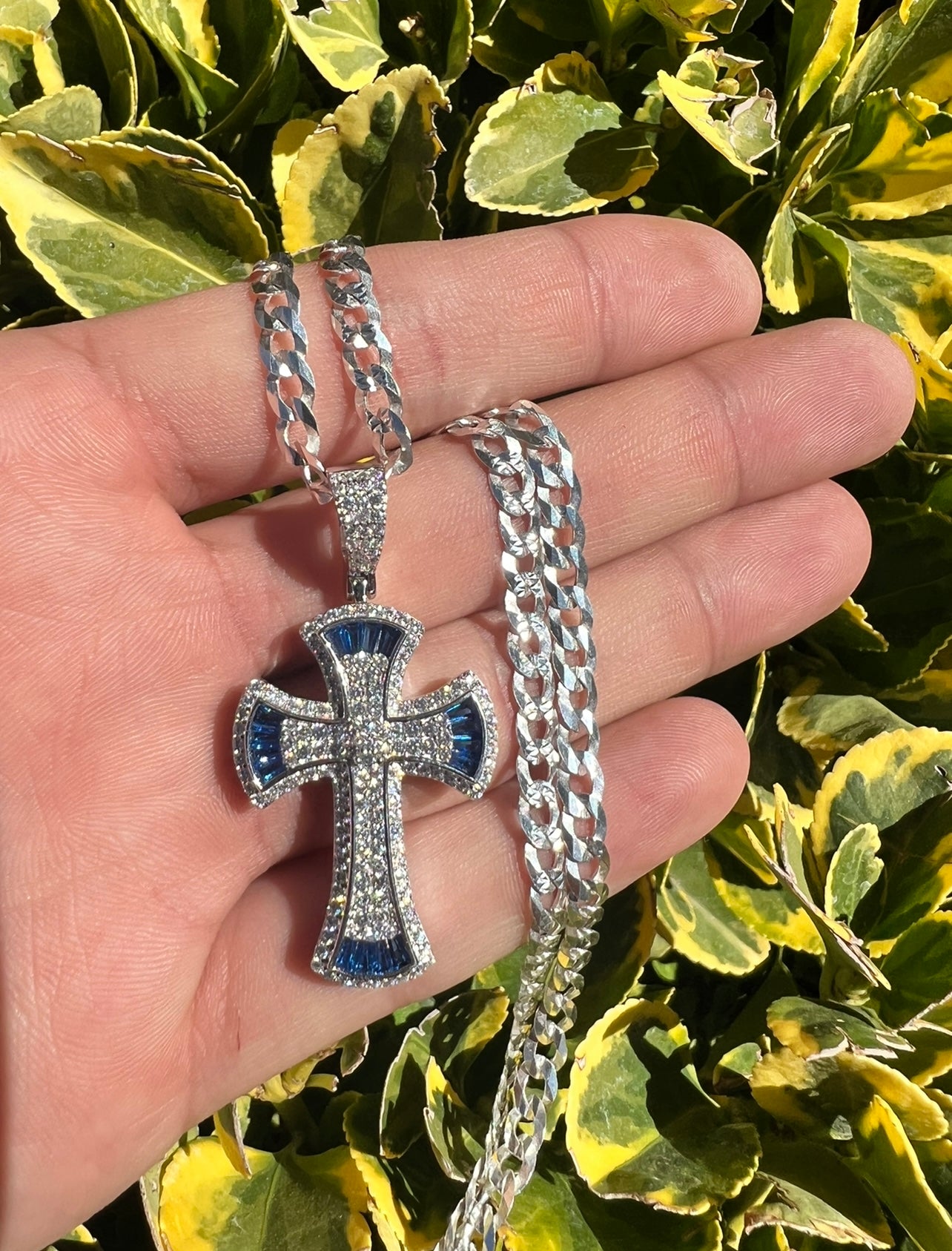 Royal Blue Baguette Cross, .925 Real Silver