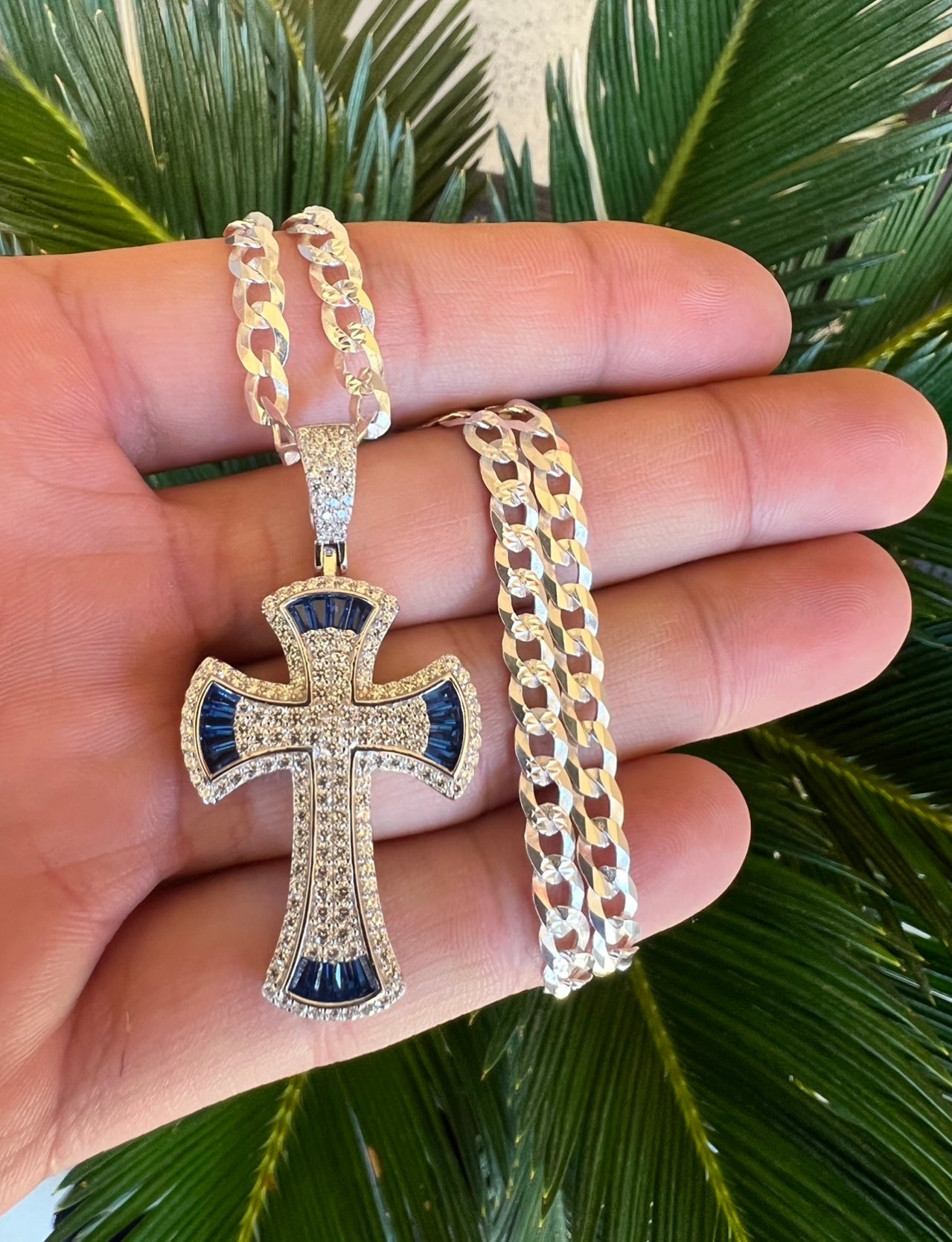 Royal Blue Baguette Cross, .925 Real Silver