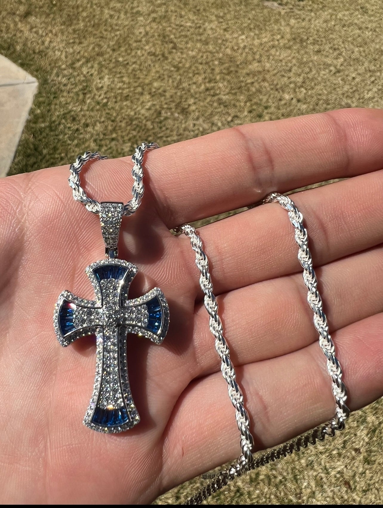 Royal Blue Baguette Cross, .925 Real Silver