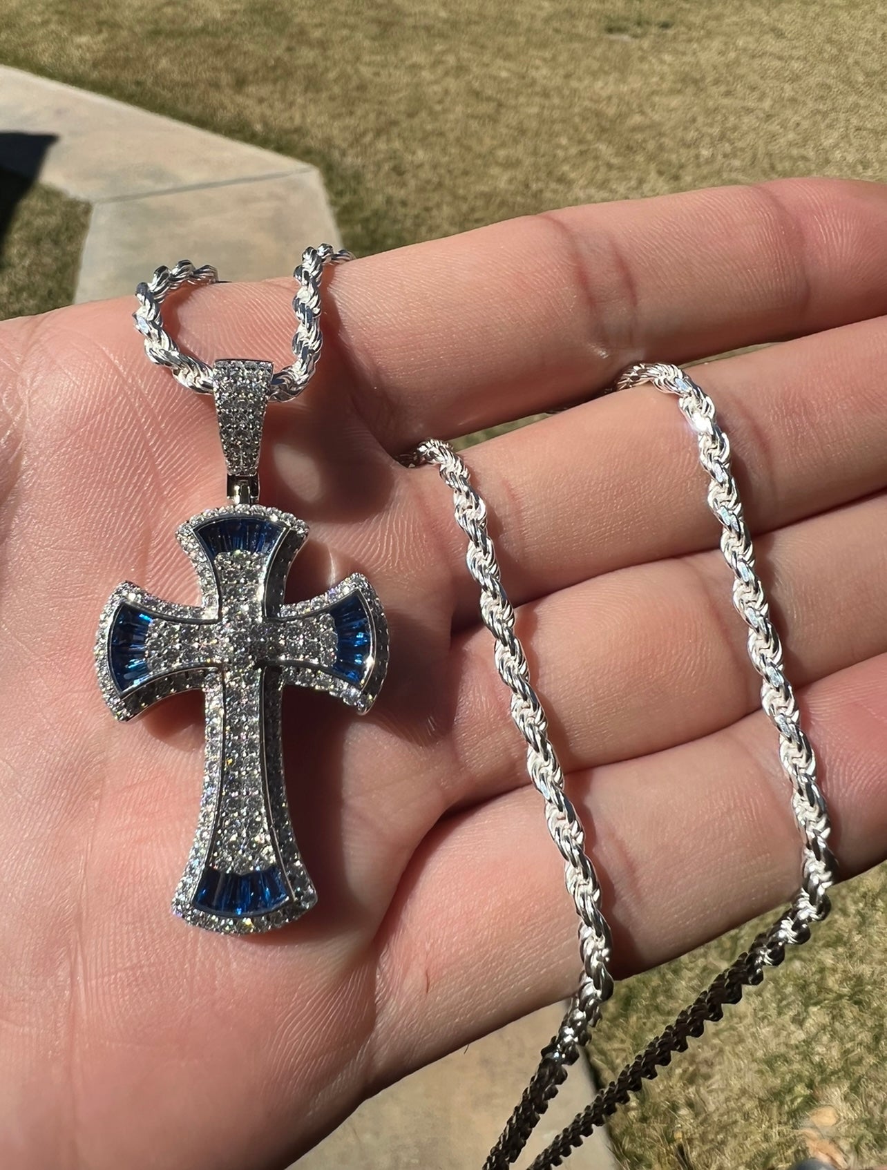 Royal Blue Baguette Cross, .925 Real Silver