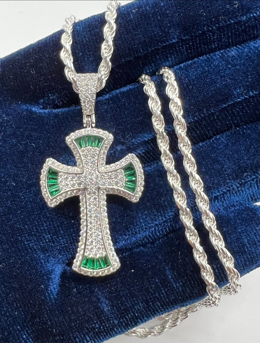 Emerald Green Baguette Cross, .925 Real Silver
