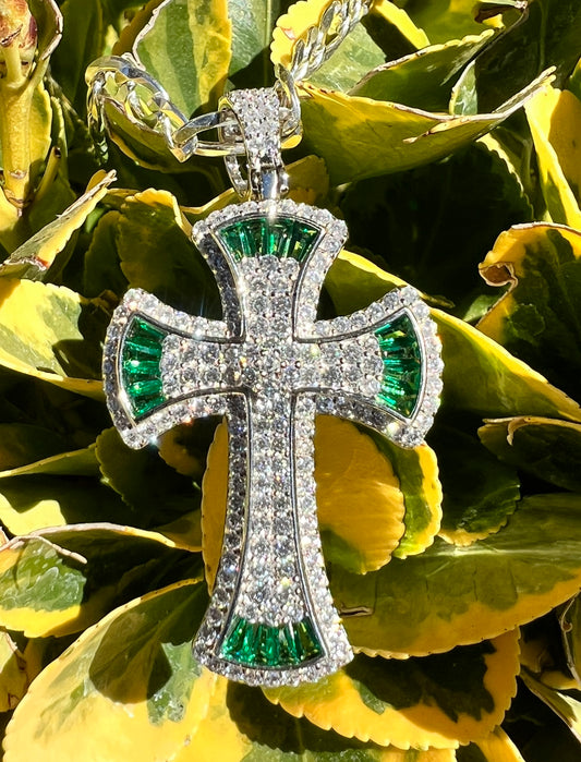 Emerald Green Baguette Cross, .925 Real Silver