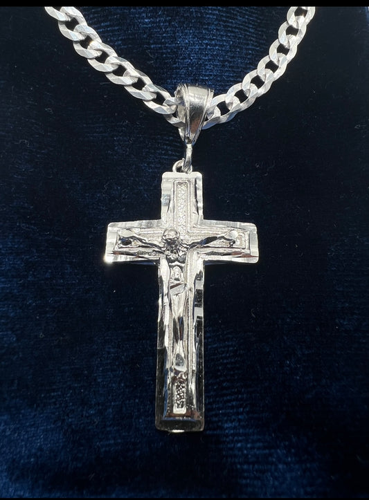 Classic Diamond Cut Jesus Cross, .925 Real Silver