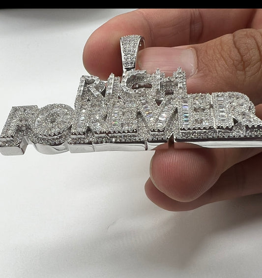 Custom RICH FOREVER w Baguettes Piece, .925 Real Silver