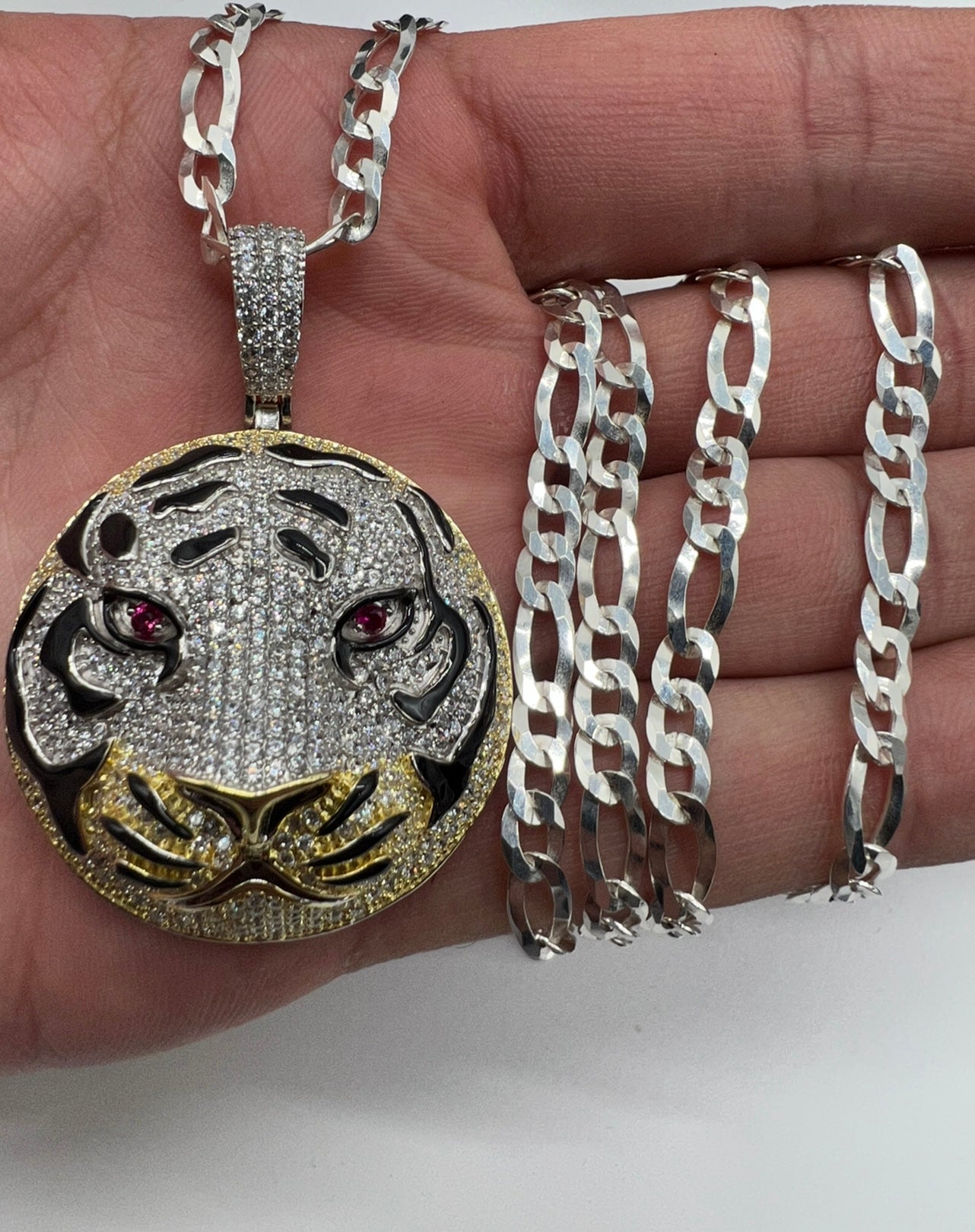 Ruby Eye Tiger Custom Enamel, .925 Real Italy Silver