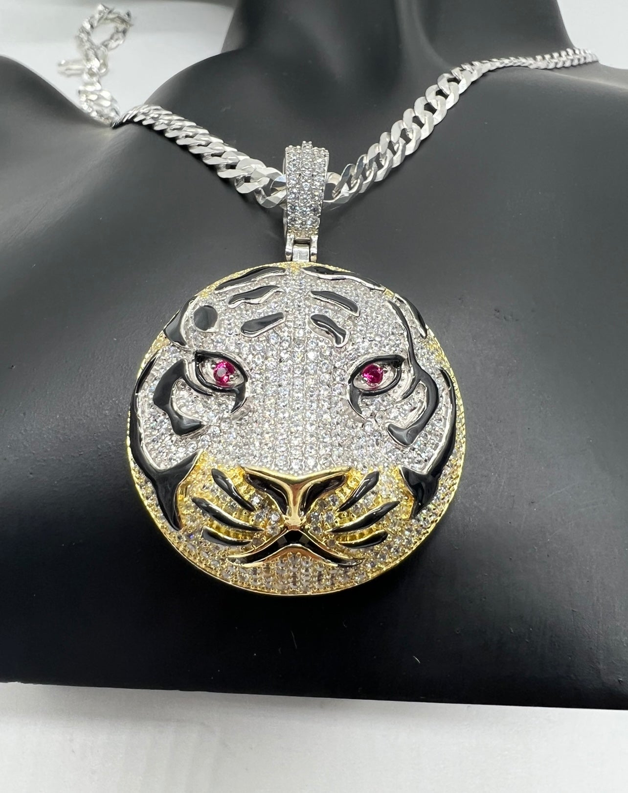 Ruby Eye Tiger Custom Enamel, .925 Real Italy Silver