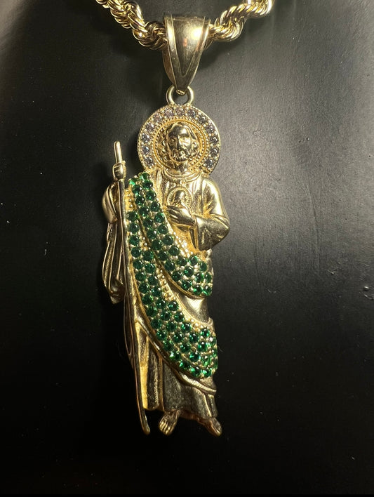 14k Real Gold San Judas With Green Robe