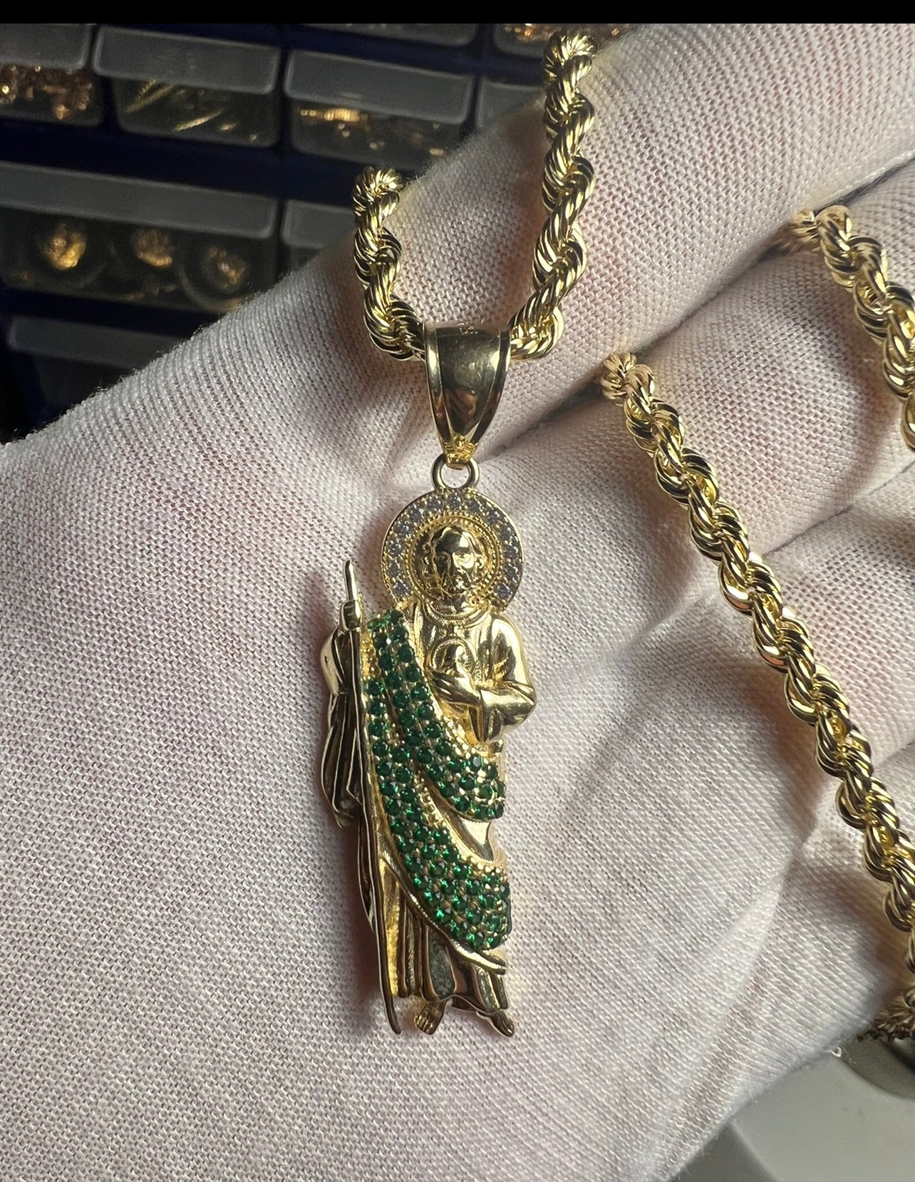 14k Real Gold San Judas With Green Robe