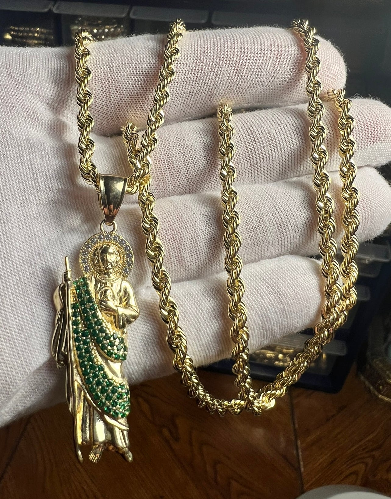 14k Real Gold San Judas With Green Robe