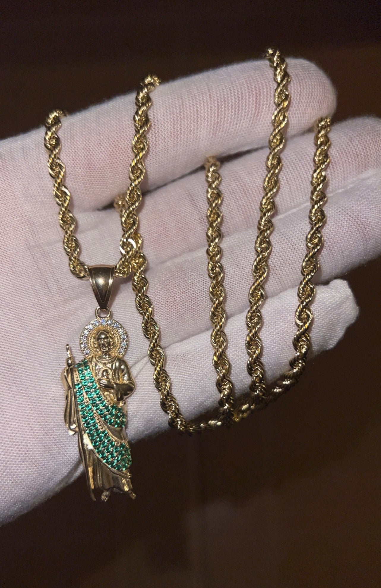 14k Real Gold San Judas With Green Robe