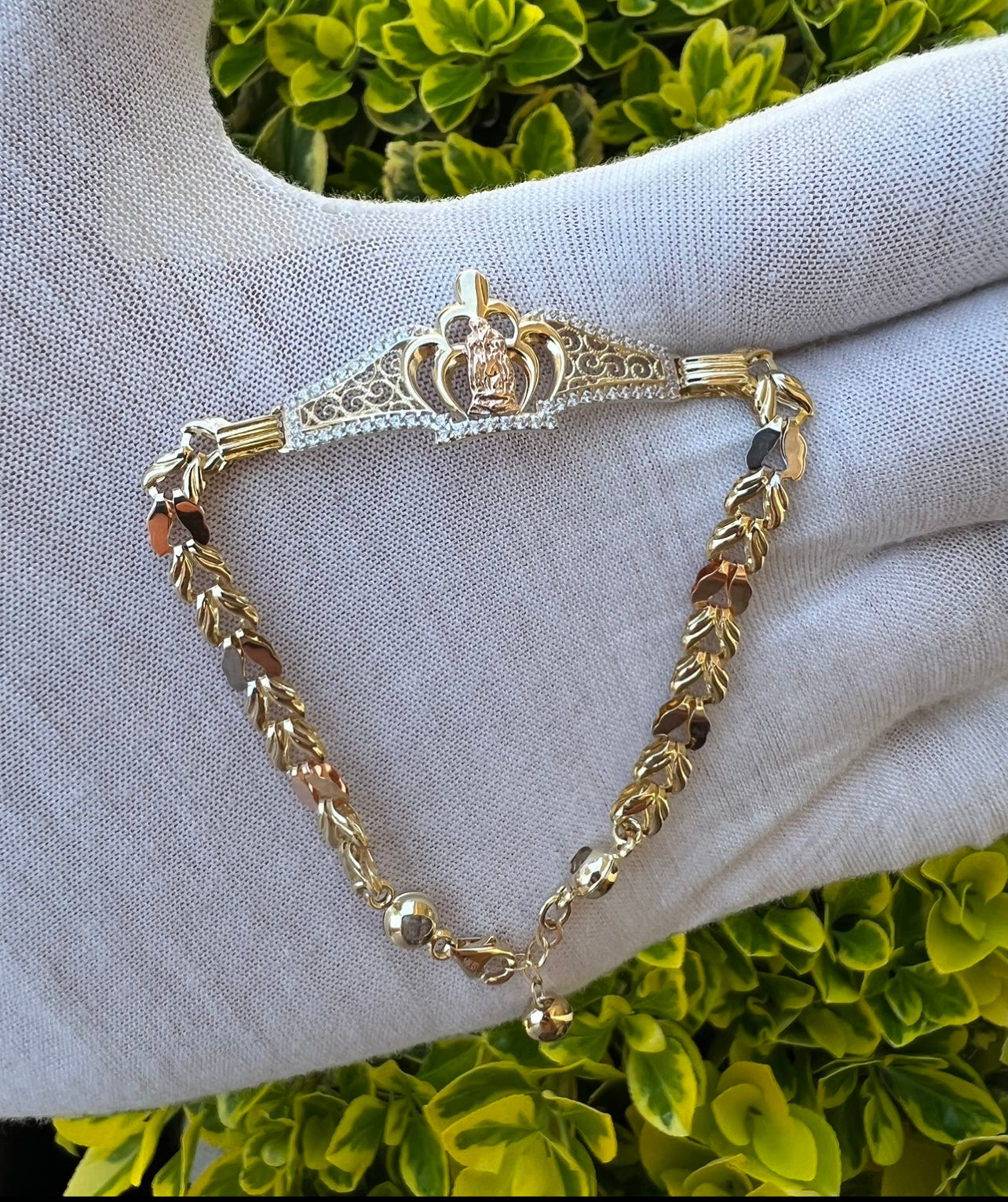 14k Real Gold VIRGEN Mary Crown tri Color Bracelet!