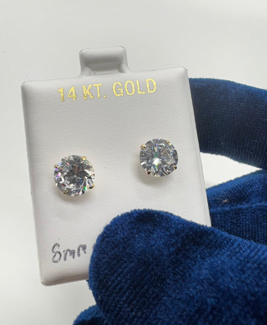 14k Real Gold 8mm Solitaire Earring Studs