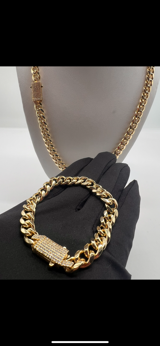 9mm iced out lock Cuban Set, High Quality Gold Plated