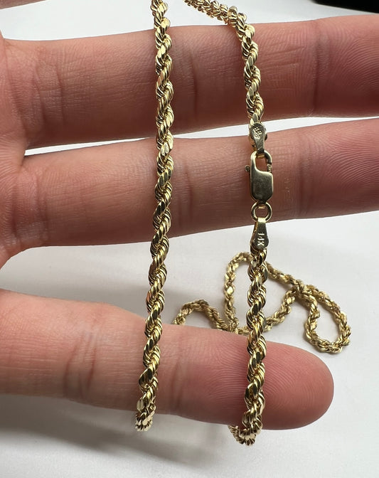 3mm 20inch Rope Chain, 14k Real Gold