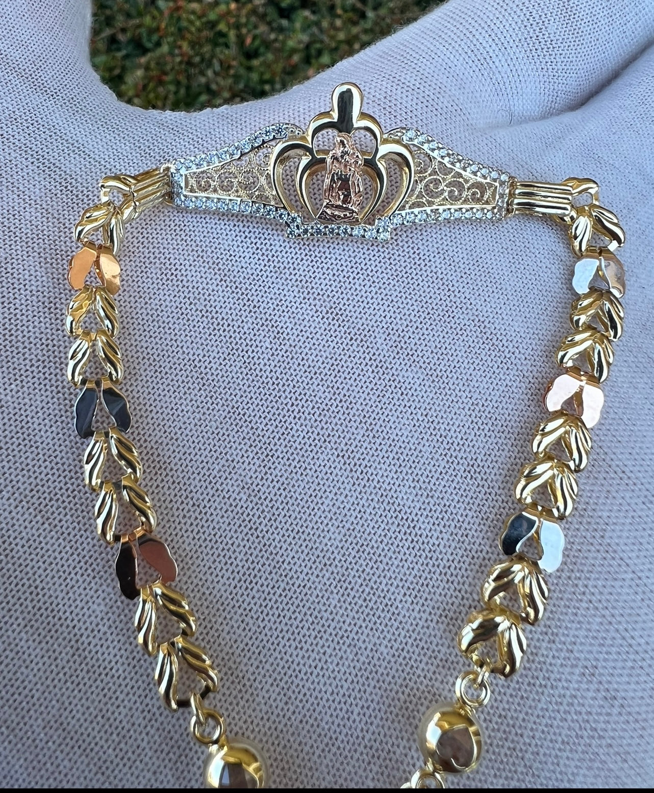 14k Real Gold VIRGEN Mary Crown tri Color Bracelet!