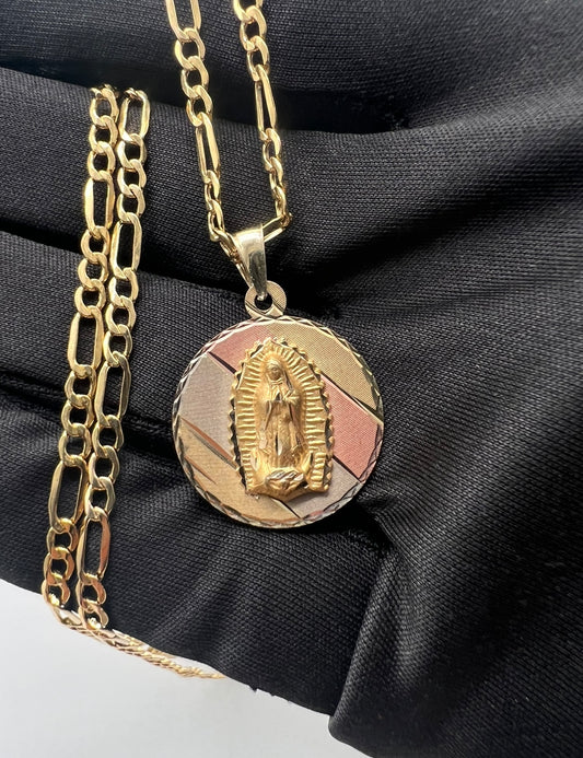 Tri Color Stripe Virgencita Medalla 14k Real Gold